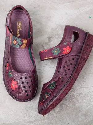 Perforated Flower Printed Leather Mary Jane Flats- Purple