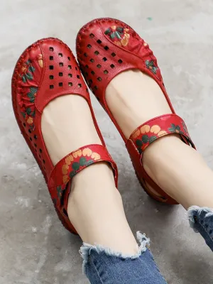 Perforated Flower Printed Leather Mary Jane Flats- Red