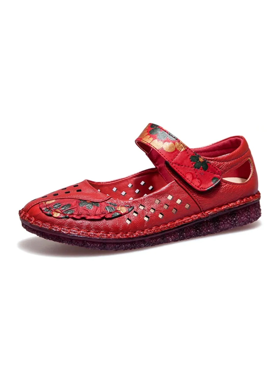 Perforated Flower Printed Leather Mary Jane Flats- Red