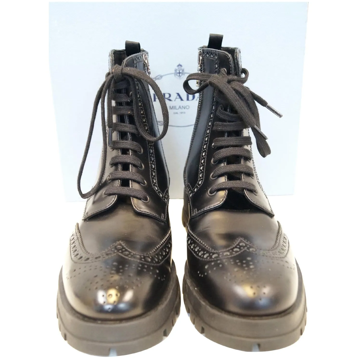PRADA Combat Biker Lace up Side Zip Leather Ankle Boots Black US 10
