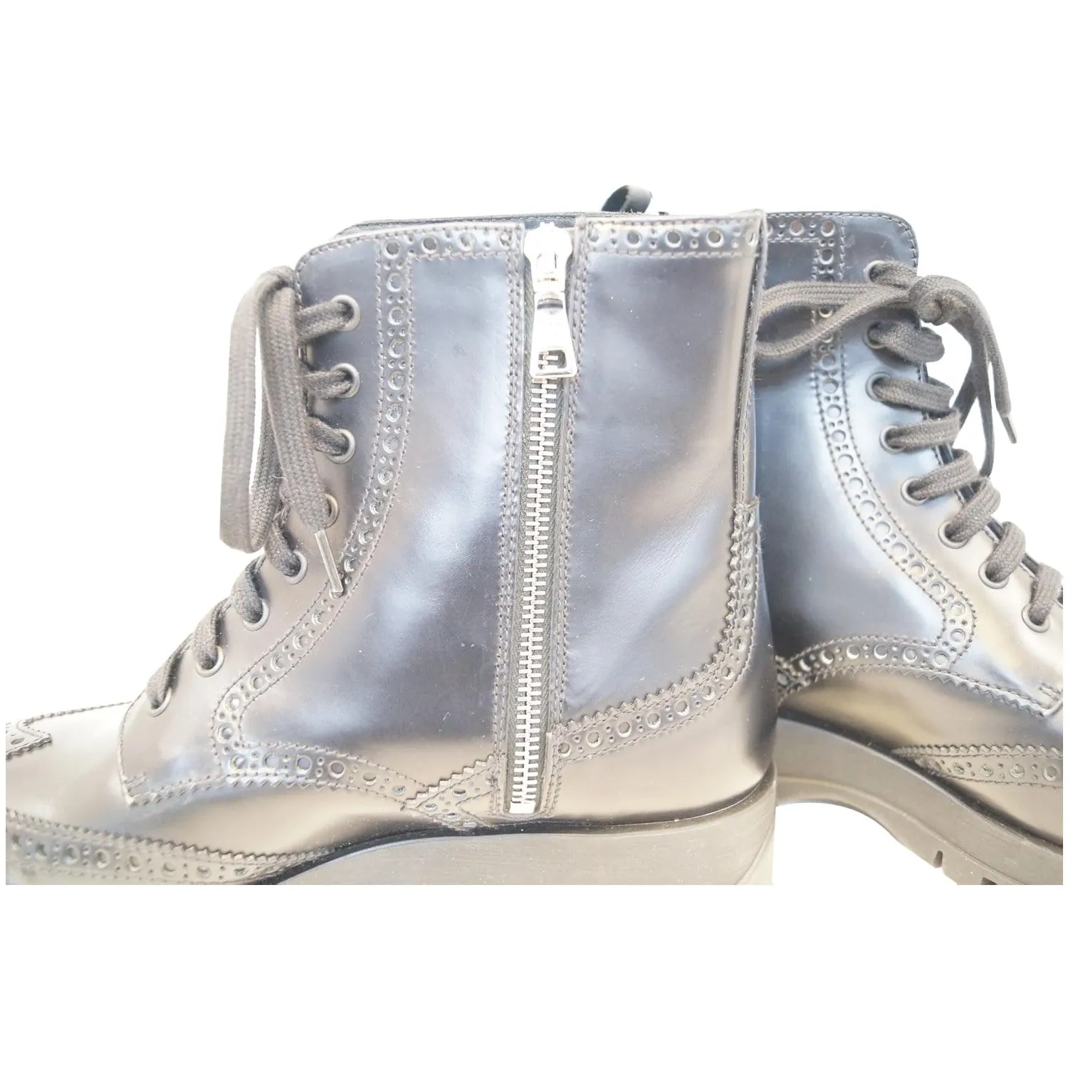 PRADA Combat Biker Lace up Side Zip Leather Ankle Boots Black US 10