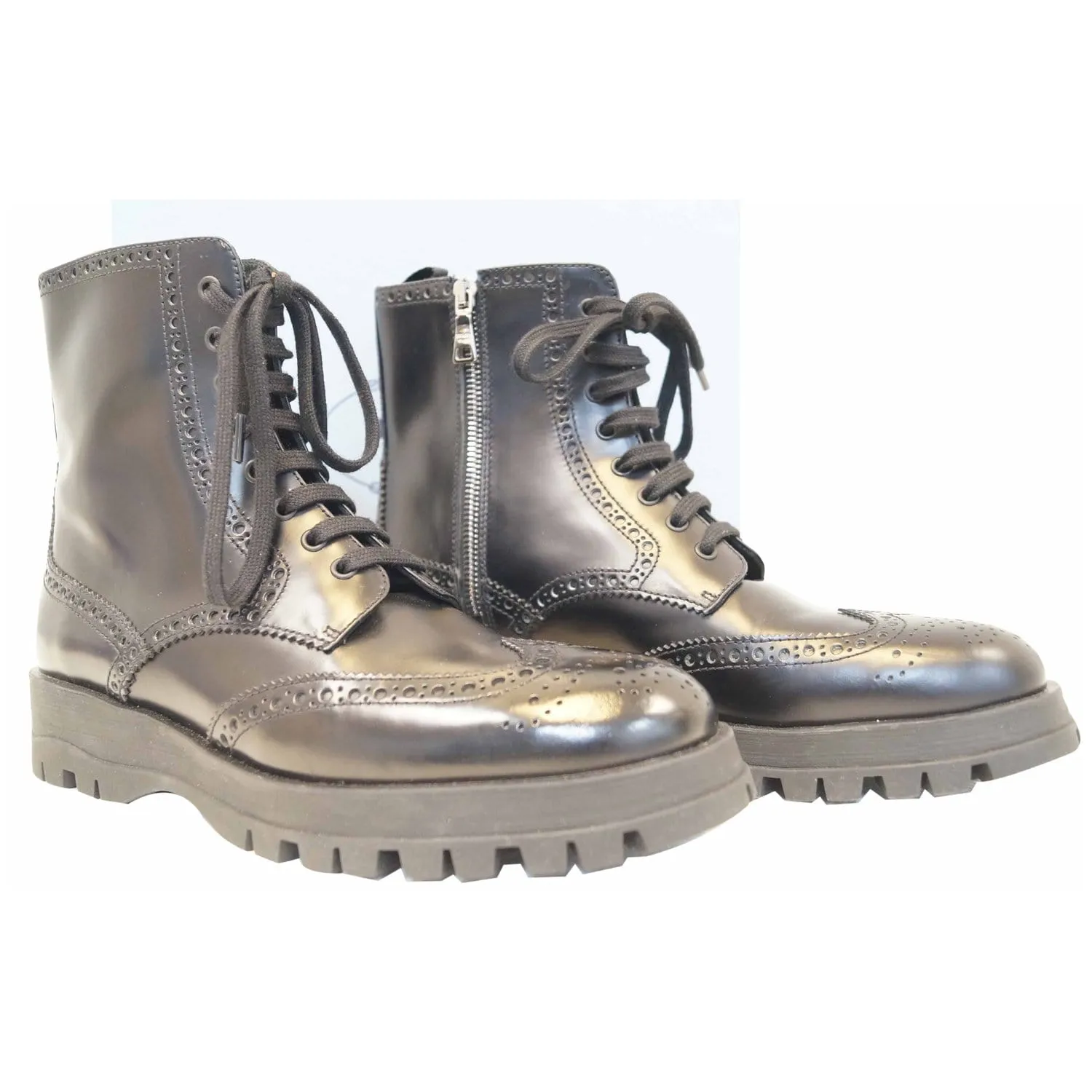 PRADA Combat Biker Lace up Side Zip Leather Ankle Boots Black US 10