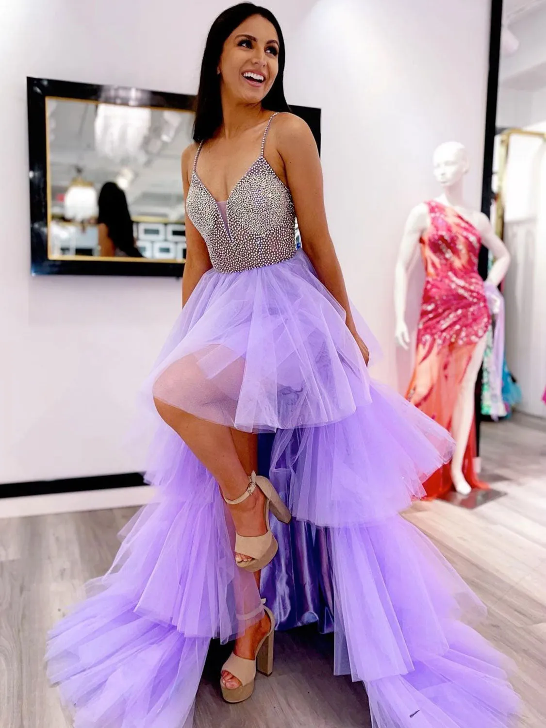Purple beads high low tulle prom dress purple evening dress