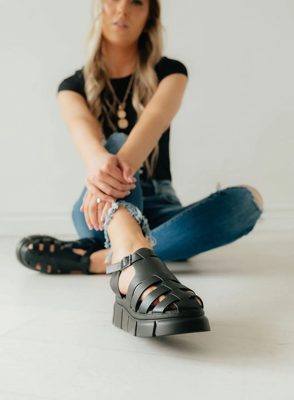 Qupid Platform Cage Stap Sandal in Black