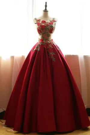 Red Quinceanera Dresses,Floral Satin Aline long Appliques Ball Gown Prom Dress OK240