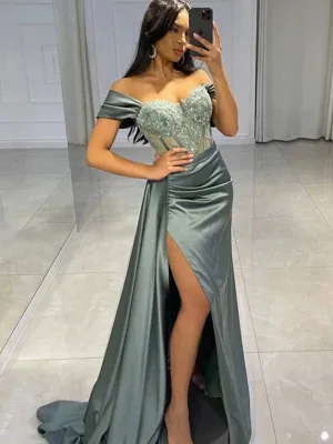 Sexy Gray Off-shoulder Lace Top Side-slit Mermaid Long Prom Dress, PD3353