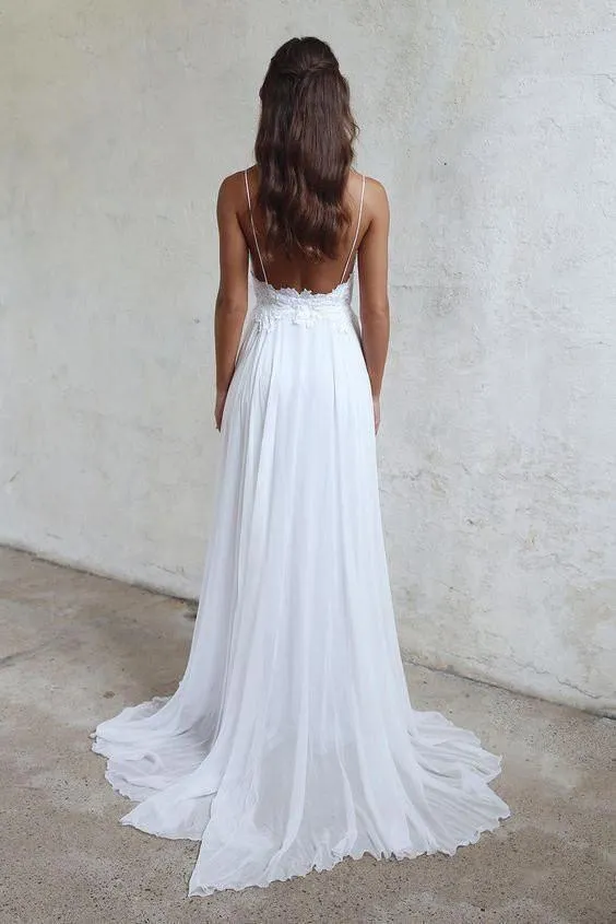 Sexy Spaghetti Strap Backless Lace Top A-line Cheap Beach Wedding Dresses, WD311