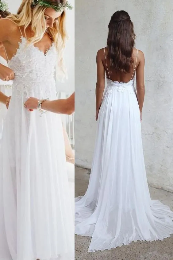 Sexy Spaghetti Strap Backless Lace Top A-line Cheap Beach Wedding Dresses, WD311