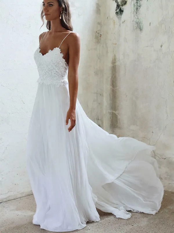 Sexy Spaghetti Strap Backless Lace Top A-line Cheap Beach Wedding Dresses, WD311