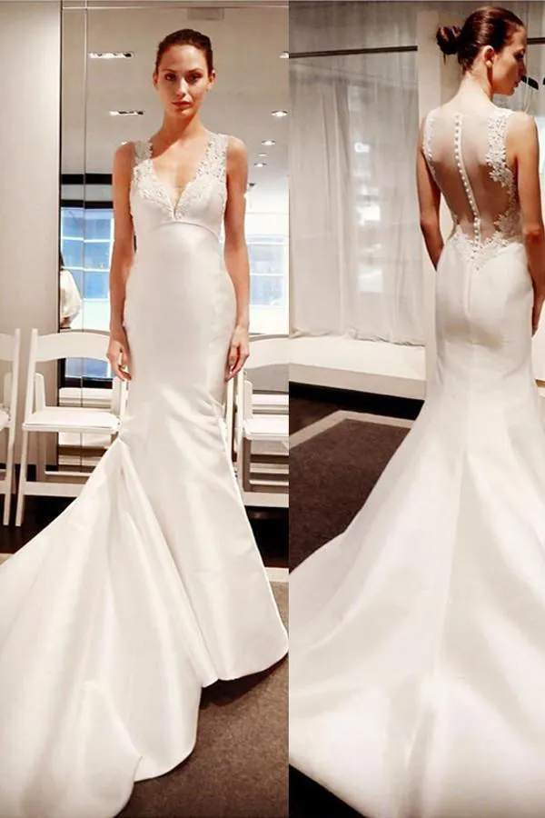 Sleeveless Button Mermaid Gorgeous V-Neck Lace Wedding Dress WD029