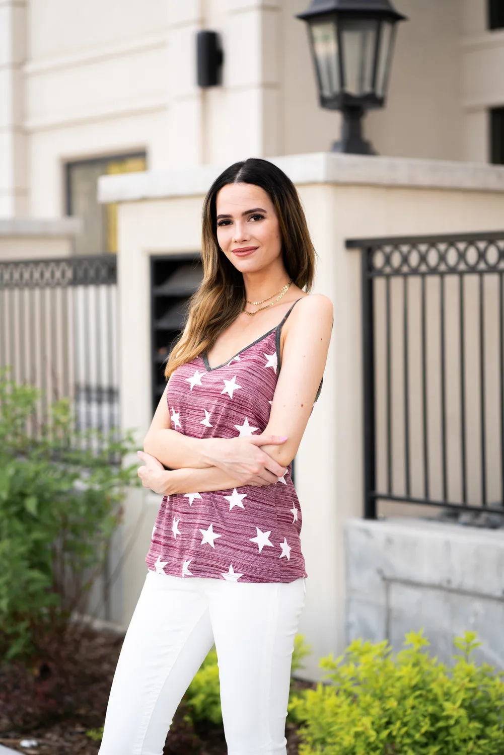 Star Print Camo Trim Tank | Top