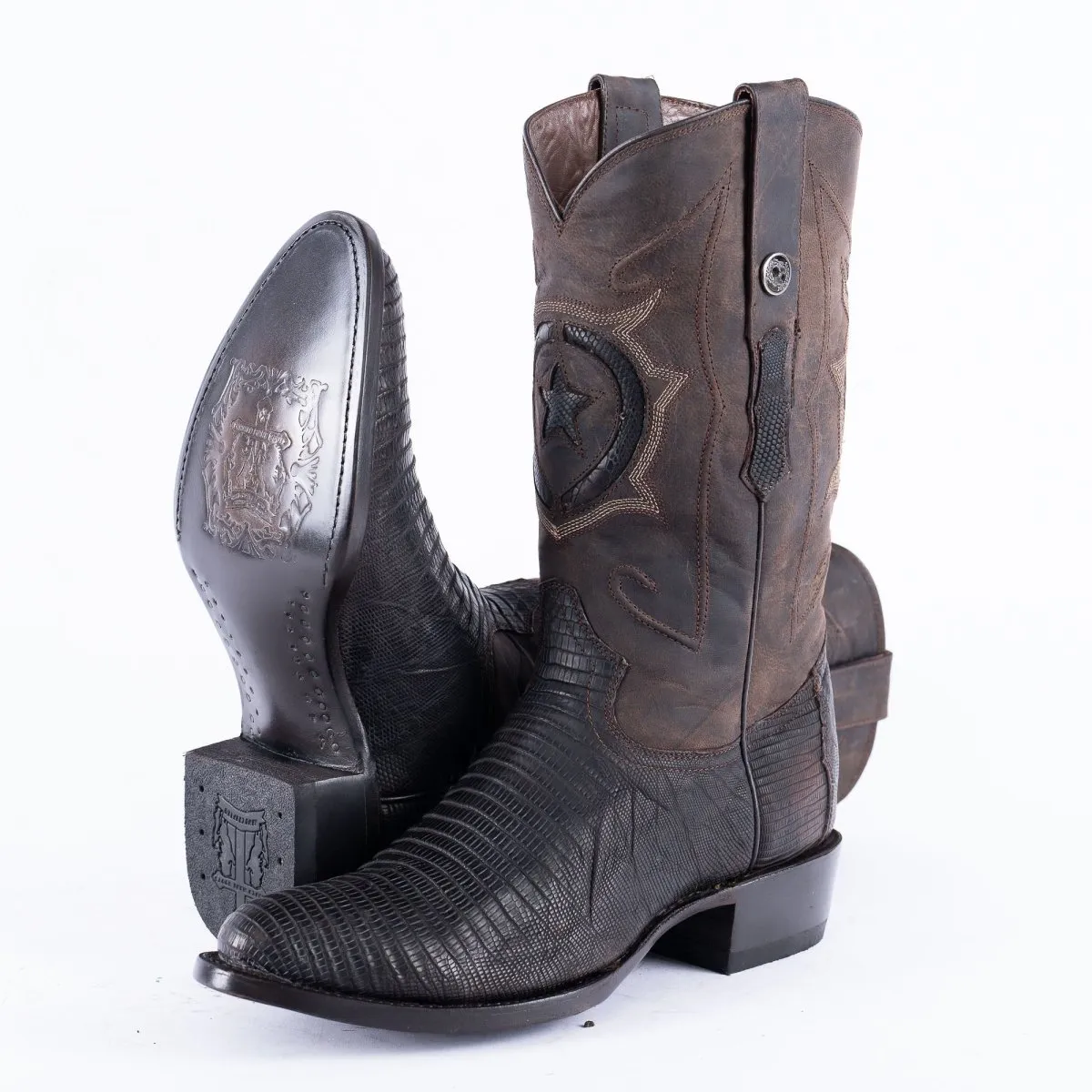 TANNER MARK EXOTIC LEATHER Lizard Oiled Nicotine Cowboy Boots Round Toe