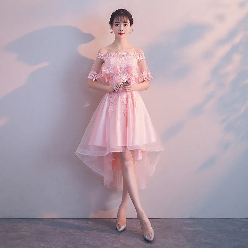 Wine Red Lace Prom Dresses, Tulle High Low Lace Formal Homecoming Dresses