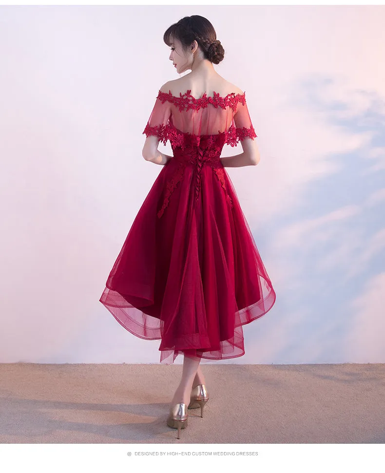 Wine Red Lace Prom Dresses, Tulle High Low Lace Formal Homecoming Dresses