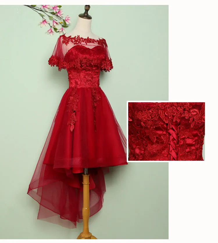 Wine Red Lace Prom Dresses, Tulle High Low Lace Formal Homecoming Dresses