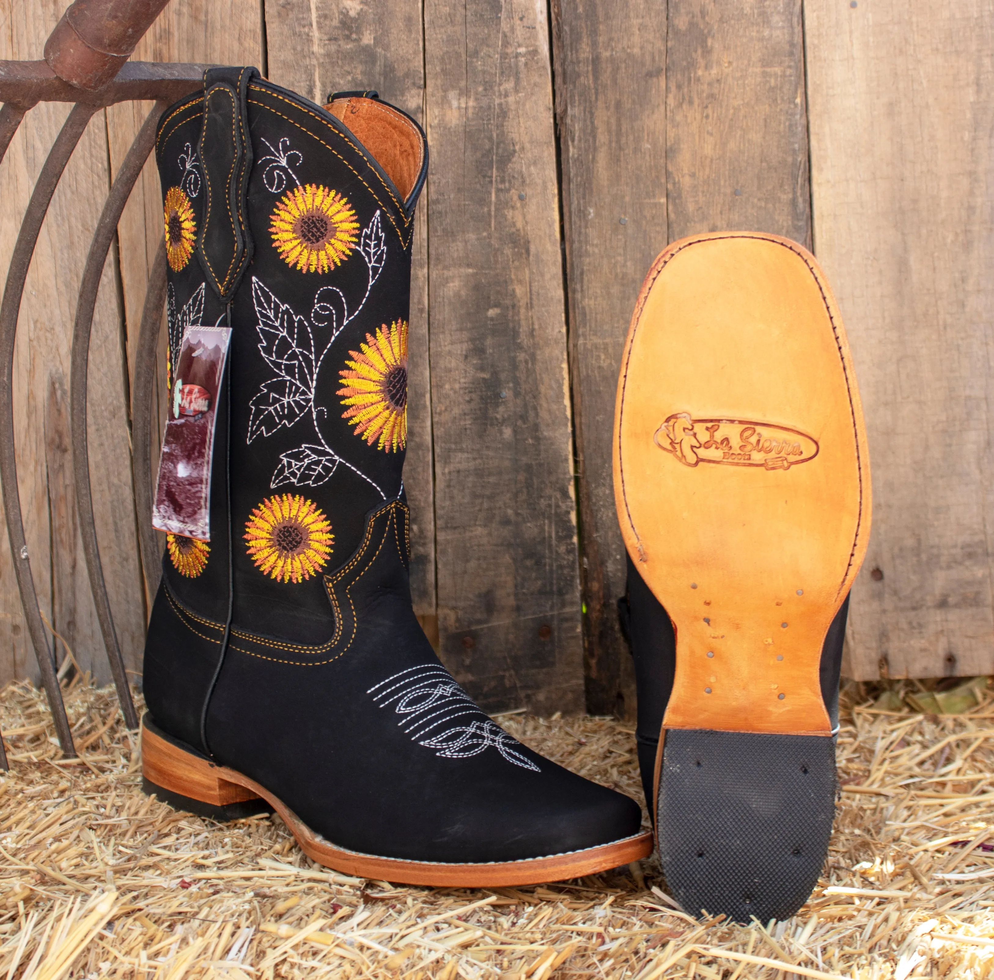 WOMENS LEATHER EMBROIDERED SUNFLOWER SQUARE TOE RODEO COWGIRL BOOTS
