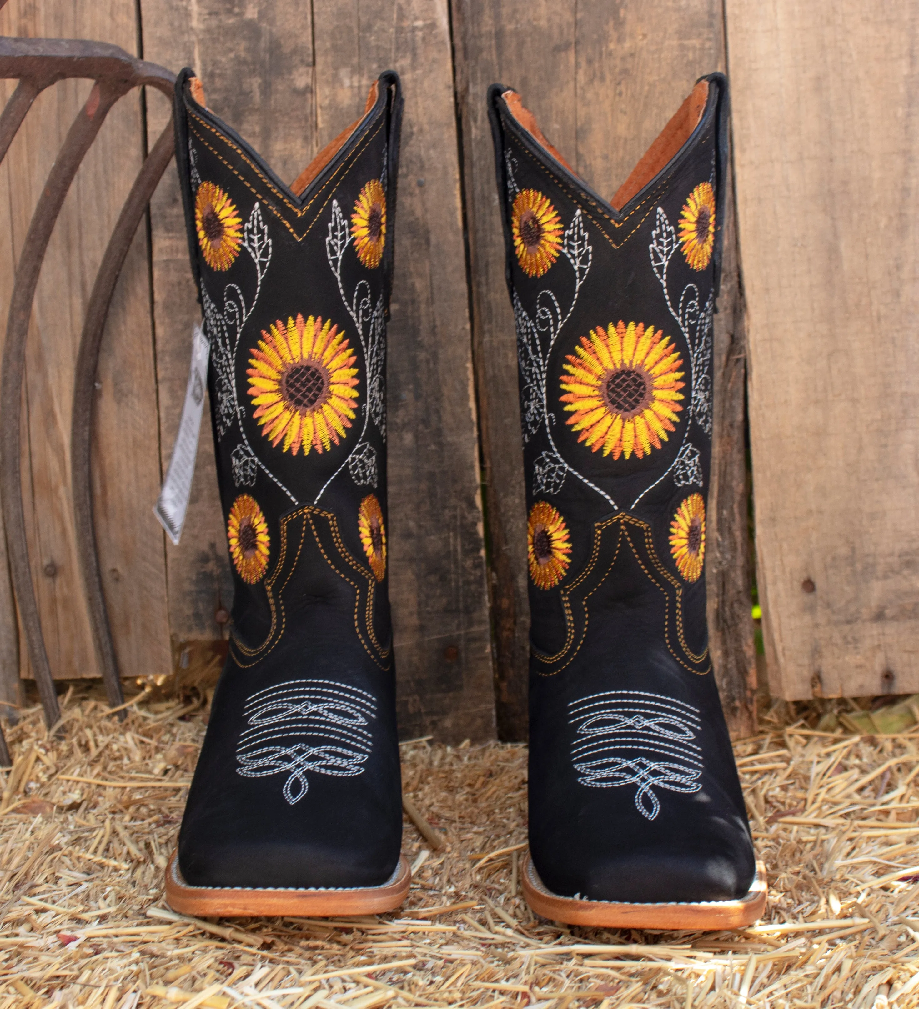 WOMENS LEATHER EMBROIDERED SUNFLOWER SQUARE TOE RODEO COWGIRL BOOTS