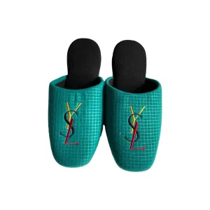 YSL Teal Grid Logo Slippers