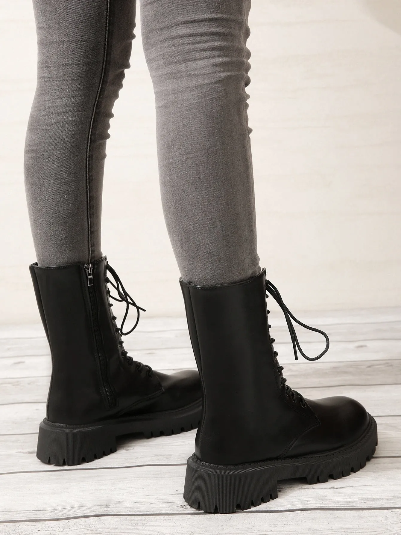 Zip Side Lace-up Front Combat Boots - Black