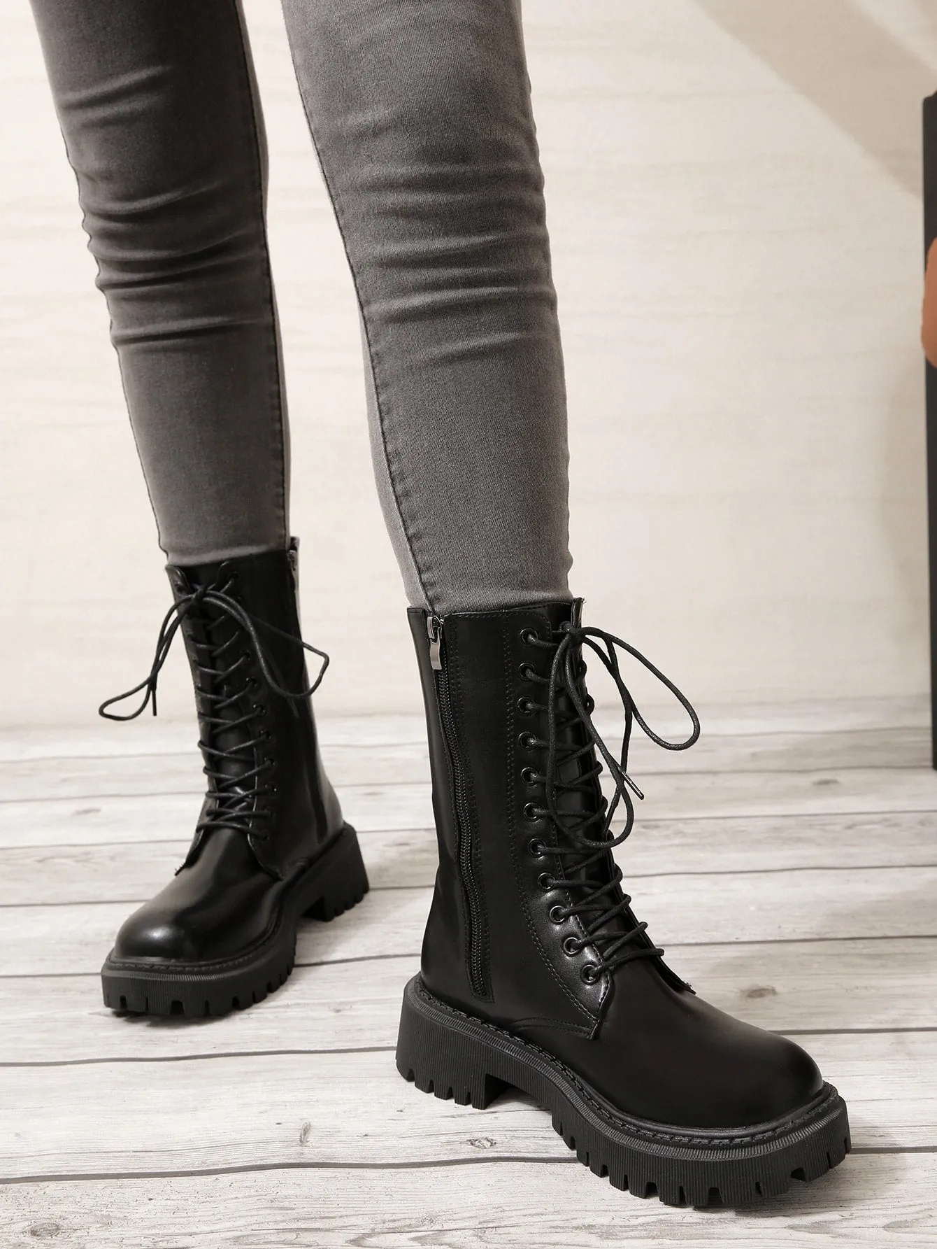 Zip Side Lace-up Front Combat Boots - Black