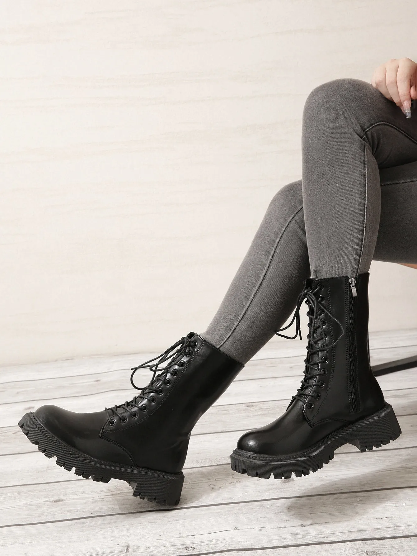 Zip Side Lace-up Front Combat Boots - Black