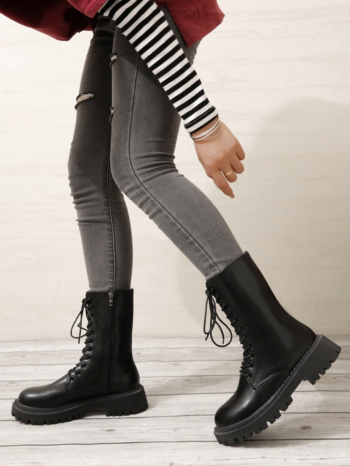 Zip Side Lace-up Front Combat Boots - Black
