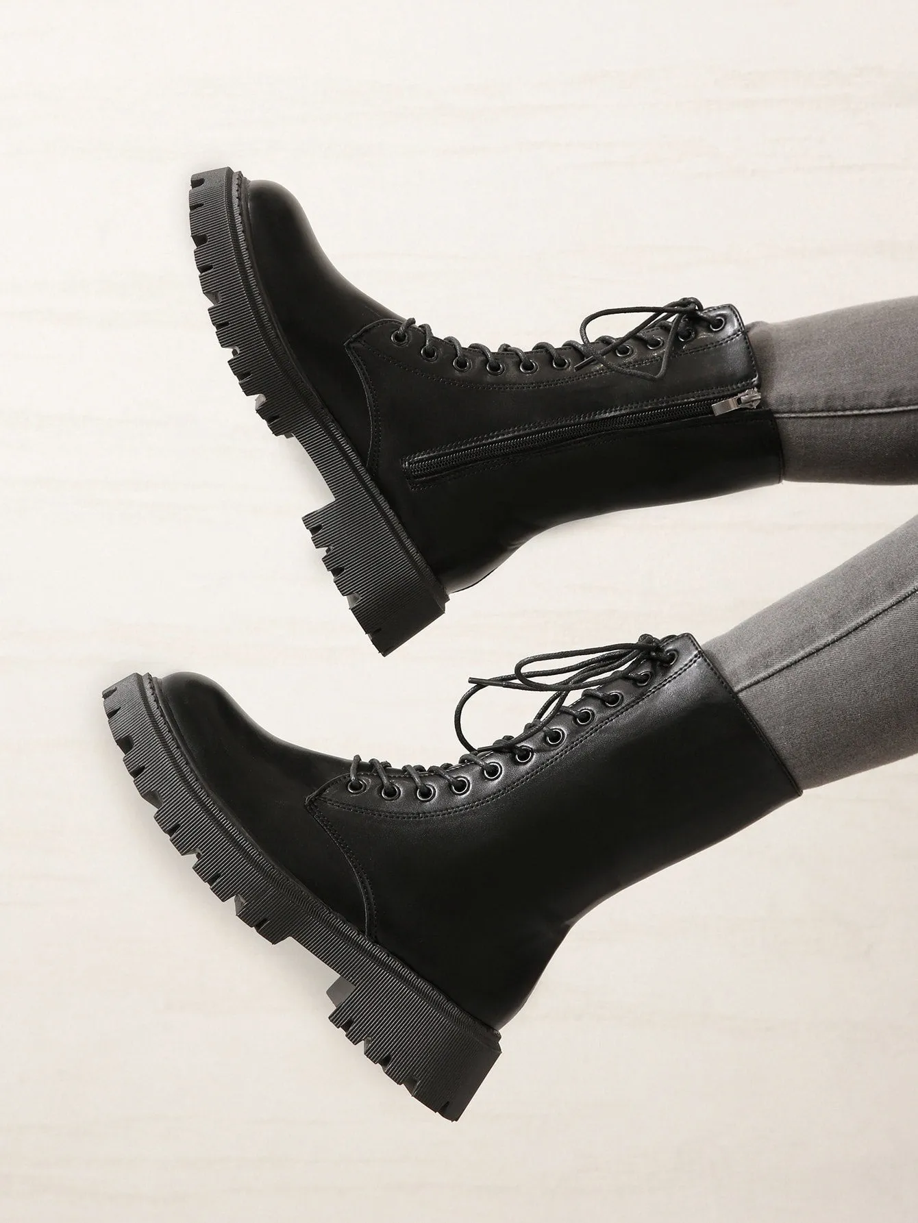 Zip Side Lace-up Front Combat Boots - Black