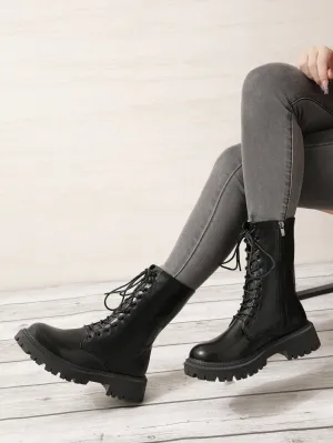 Zip Side Lace-up Front Combat Boots - Black