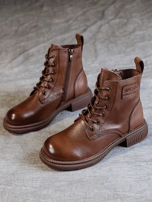 Zip Up Leather Combat Boot - Brown